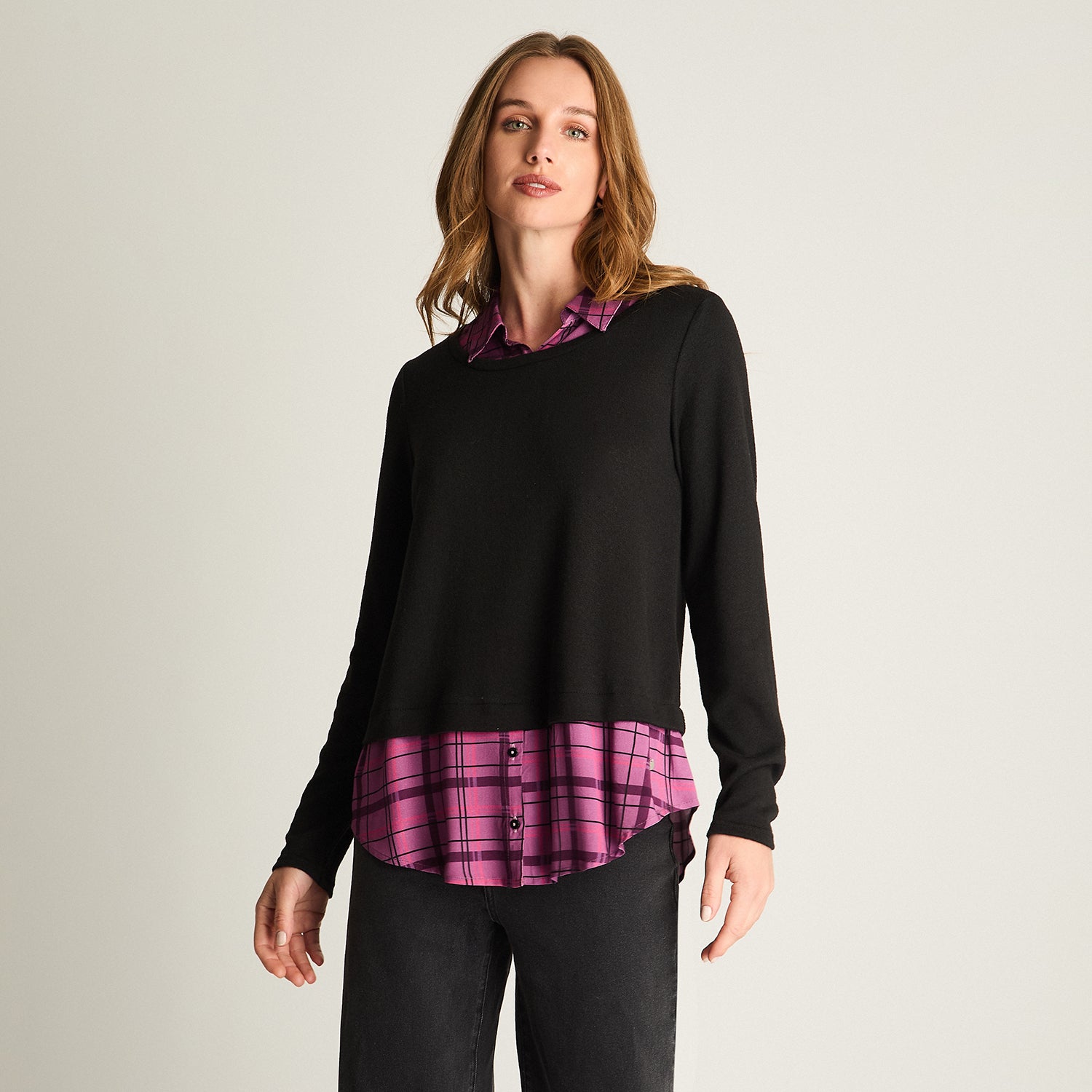 Blusa Fabric Mix Escocesa Negro
